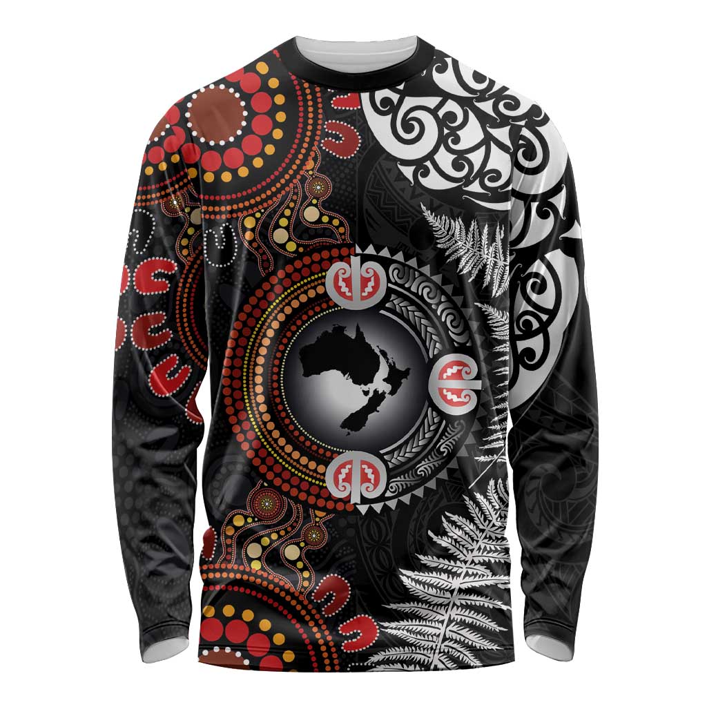 Australia and New Zealand Together Long Sleeve Shirt Aboriginal and Maori Art Tattoo LT03 Unisex Black - Polynesian Pride