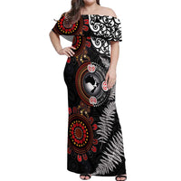 Australia and New Zealand Together Off Shoulder Maxi Dress Aboriginal and Maori Art Tattoo LT03 Women Black - Polynesian Pride