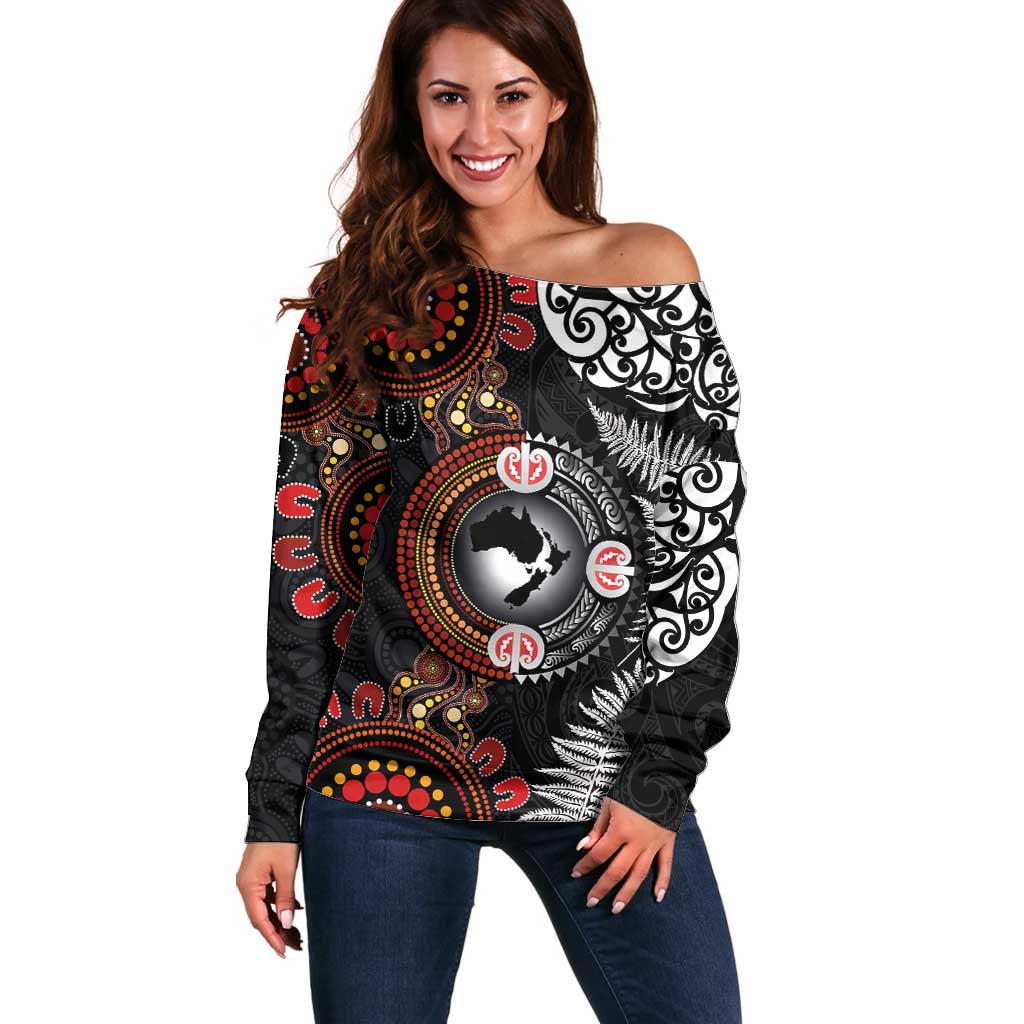 Australia and New Zealand Together Off Shoulder Sweater Aboriginal and Maori Art Tattoo LT03 Women Black - Polynesian Pride