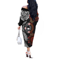 Australia and New Zealand Together Off The Shoulder Long Sleeve Dress Aboriginal and Maori Art Tattoo LT03 - Polynesian Pride