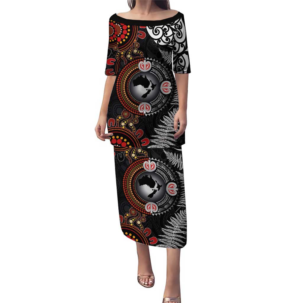 Australia and New Zealand Together Puletasi Aboriginal and Maori Art Tattoo LT03 Long Dress Black - Polynesian Pride