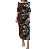 Australia and New Zealand Together Puletasi Aboriginal and Maori Art Tattoo LT03 Long Dress Black - Polynesian Pride