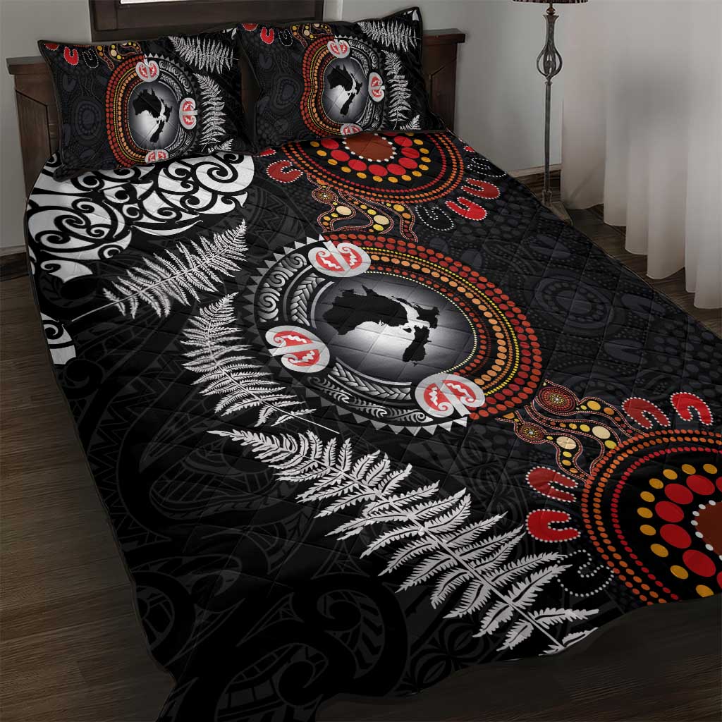 Australia and New Zealand Together Quilt Bed Set Aboriginal and Maori Art Tattoo LT03 Black - Polynesian Pride