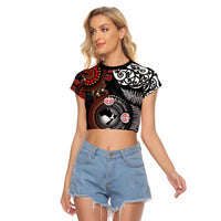 Australia and New Zealand Together Raglan Cropped T Shirt Aboriginal and Maori Art Tattoo LT03 Female Black - Polynesian Pride