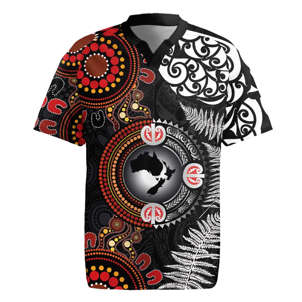 Australia and New Zealand Together Rugby Jersey Aboriginal and Maori Art Tattoo LT03 Black - Polynesian Pride