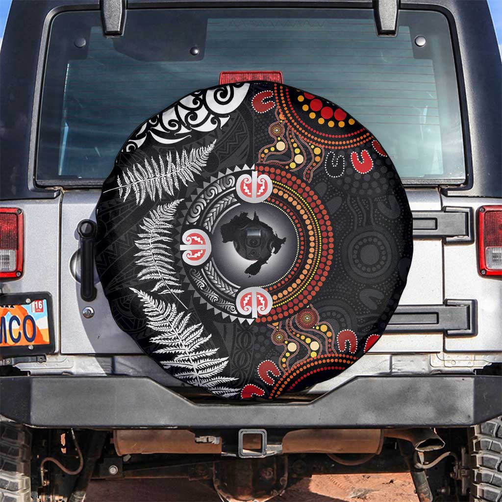 Australia and New Zealand Together Spare Tire Cover Aboriginal and Maori Art Tattoo LT03 Black - Polynesian Pride