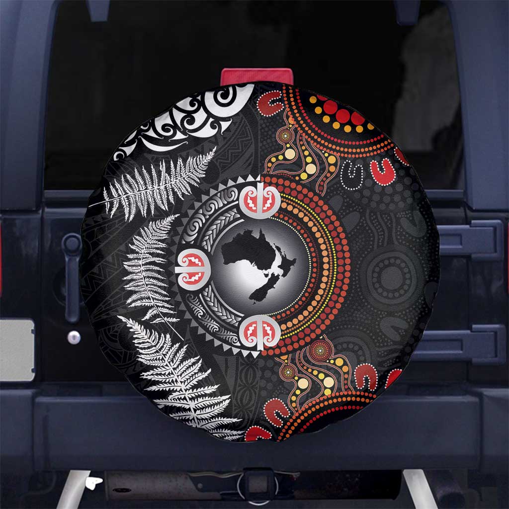 Australia and New Zealand Together Spare Tire Cover Aboriginal and Maori Art Tattoo LT03 No hole Black - Polynesian Pride