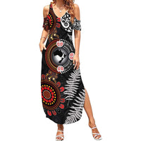Australia and New Zealand Together Summer Maxi Dress Aboriginal and Maori Art Tattoo LT03 Women Black - Polynesian Pride