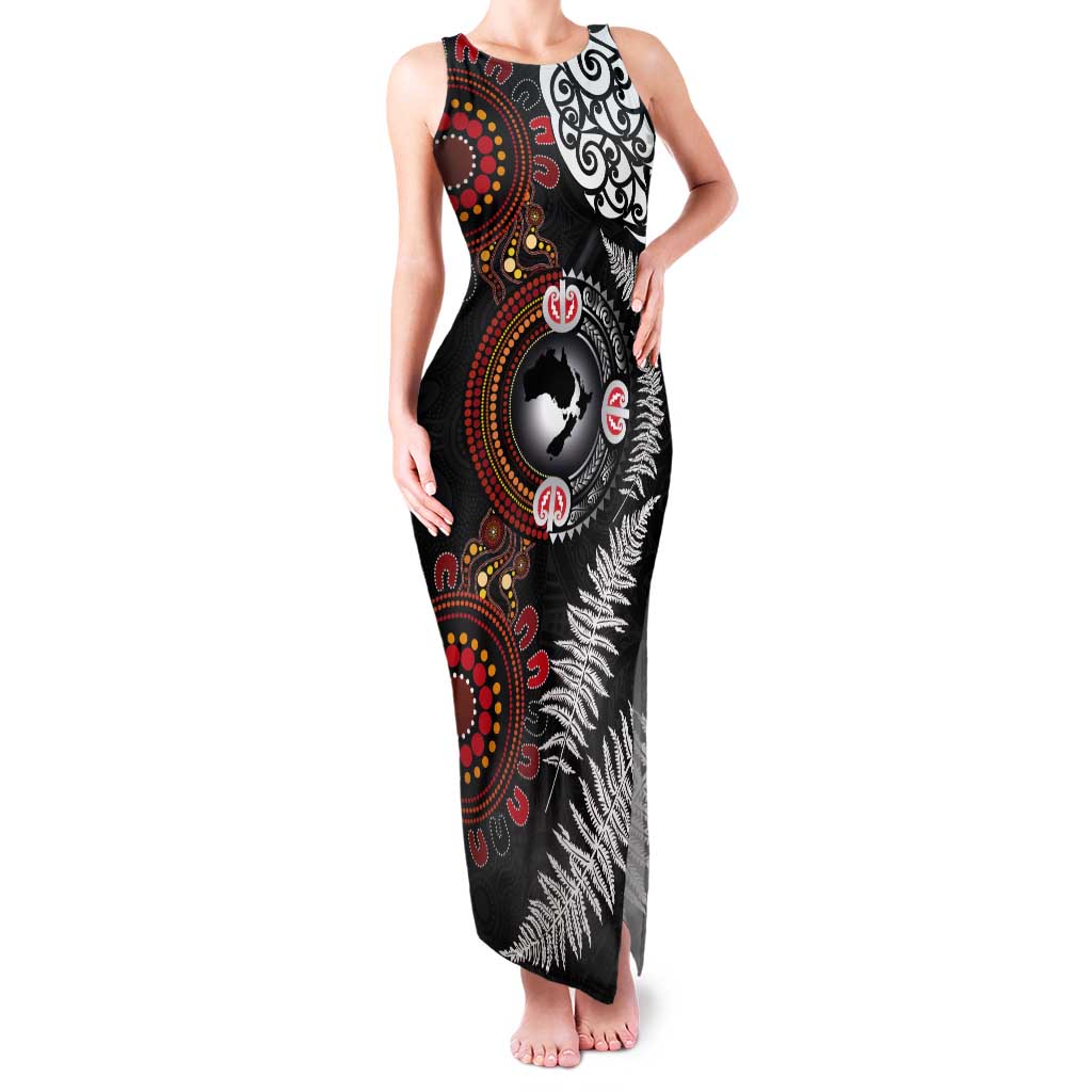 Australia and New Zealand Together Tank Maxi Dress Aboriginal and Maori Art Tattoo LT03 Women Black - Polynesian Pride