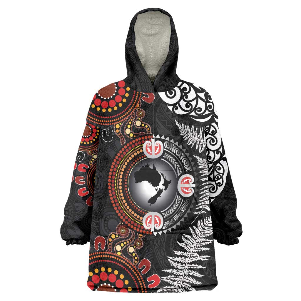 Australia and New Zealand Together Wearable Blanket Hoodie Aboriginal and Maori Art Tattoo LT03 One Size Black - Polynesian Pride