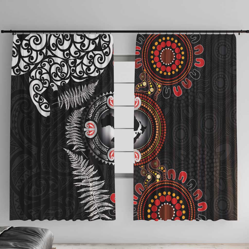 Australia and New Zealand Together Window Curtain Aboriginal and Maori Art Tattoo LT03 With Hooks Black - Polynesian Pride