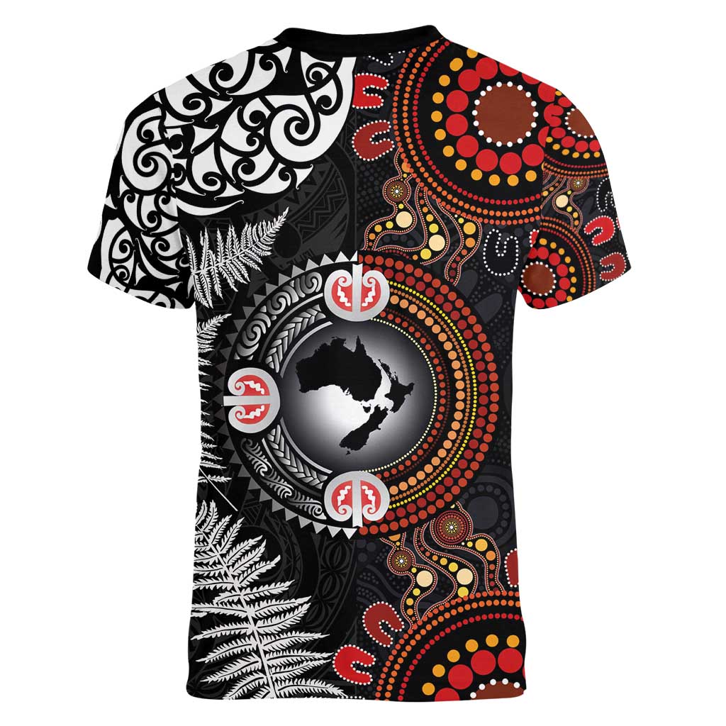 Australia and New Zealand Together Women V-Neck T-Shirt Aboriginal and Maori Art Tattoo LT03 - Polynesian Pride