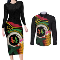 Vanuatu Selebretem 44th Indipendens Dei Couples Matching Long Sleeve Bodycon Dress and Long Sleeve Button Shirt Sand Drawing Turtle Melanesian Vibes LT03 Black - Polynesian Pride