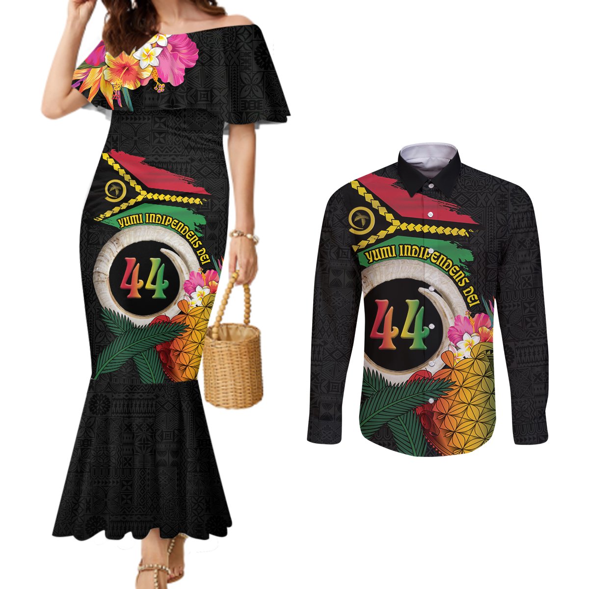 Vanuatu Selebretem 44th Indipendens Dei Couples Matching Mermaid Dress and Long Sleeve Button Shirt Sand Drawing Turtle Melanesian Vibes LT03 Black - Polynesian Pride