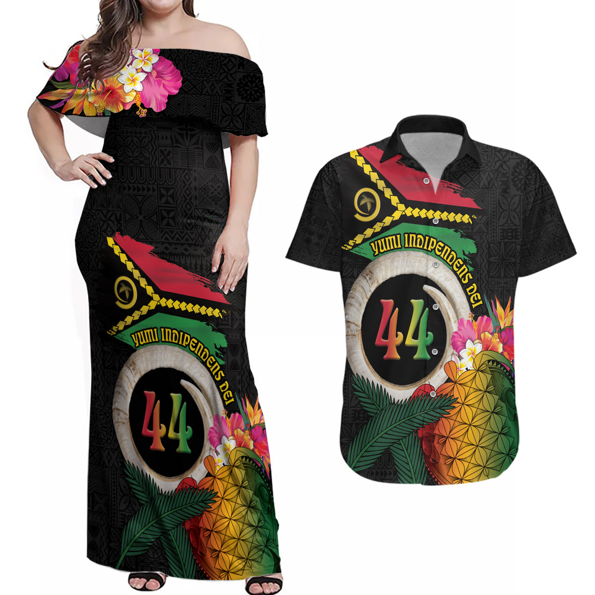Vanuatu Selebretem 44th Indipendens Dei Couples Matching Off Shoulder Maxi Dress and Hawaiian Shirt Sand Drawing Turtle Melanesian Vibes LT03 Black - Polynesian Pride