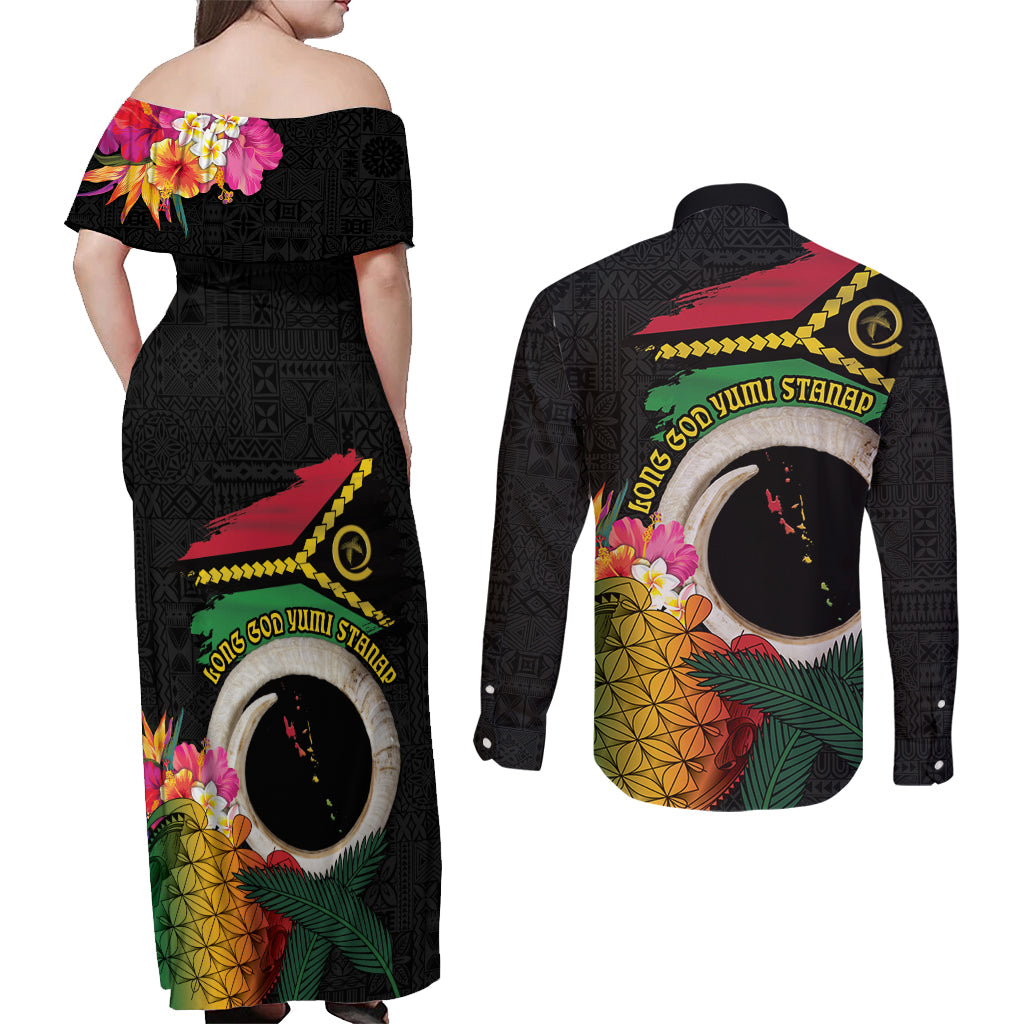 Vanuatu Selebretem 44th Indipendens Dei Couples Matching Off Shoulder Maxi Dress and Long Sleeve Button Shirt Sand Drawing Turtle Melanesian Vibes LT03 - Polynesian Pride