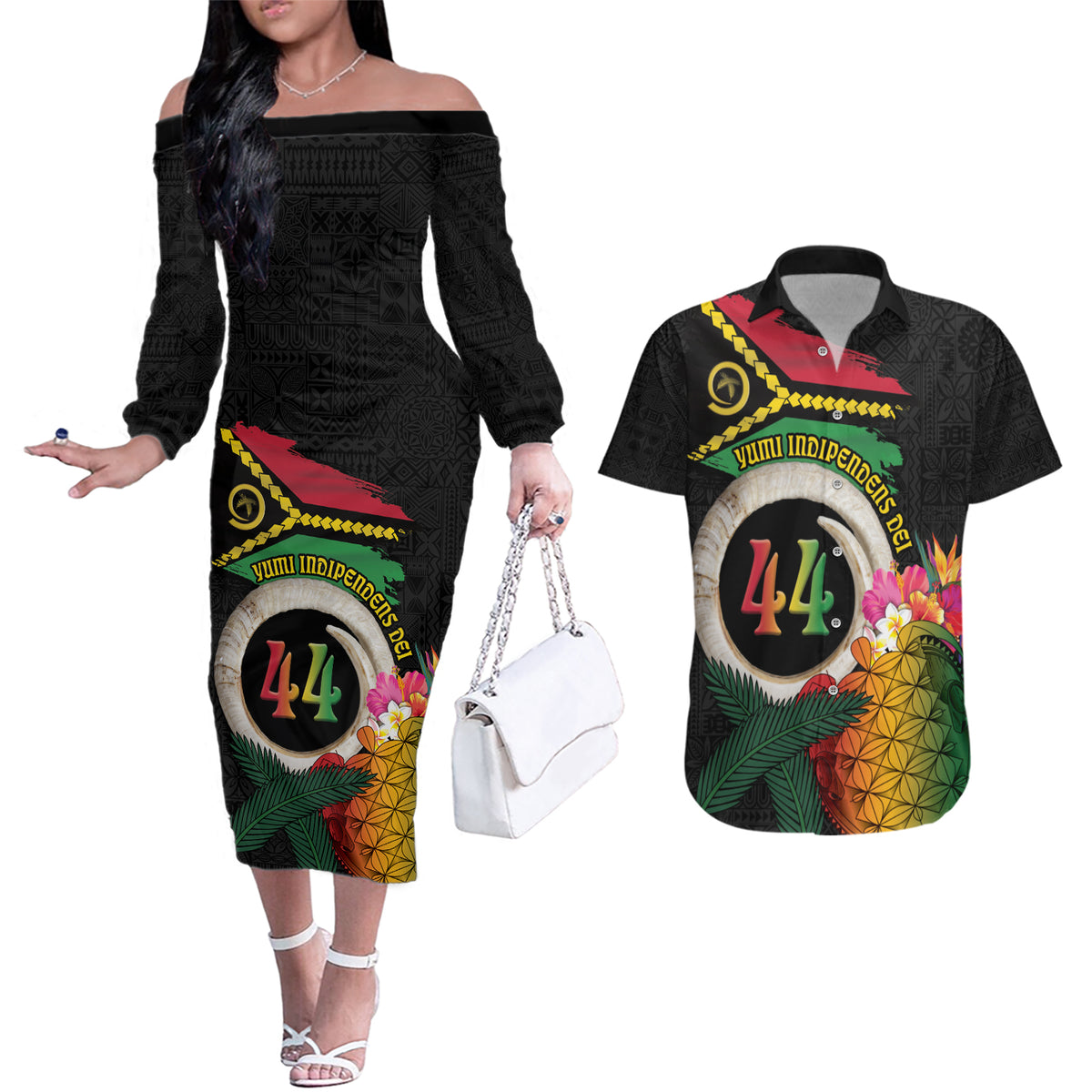 Vanuatu Selebretem 44th Indipendens Dei Couples Matching Off The Shoulder Long Sleeve Dress and Hawaiian Shirt Sand Drawing Turtle Melanesian Vibes LT03 Black - Polynesian Pride