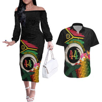Vanuatu Selebretem 44th Indipendens Dei Couples Matching Off The Shoulder Long Sleeve Dress and Hawaiian Shirt Sand Drawing Turtle Melanesian Vibes LT03 Black - Polynesian Pride