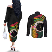 Vanuatu Selebretem 44th Indipendens Dei Couples Matching Off The Shoulder Long Sleeve Dress and Long Sleeve Button Shirt Sand Drawing Turtle Melanesian Vibes LT03 - Polynesian Pride