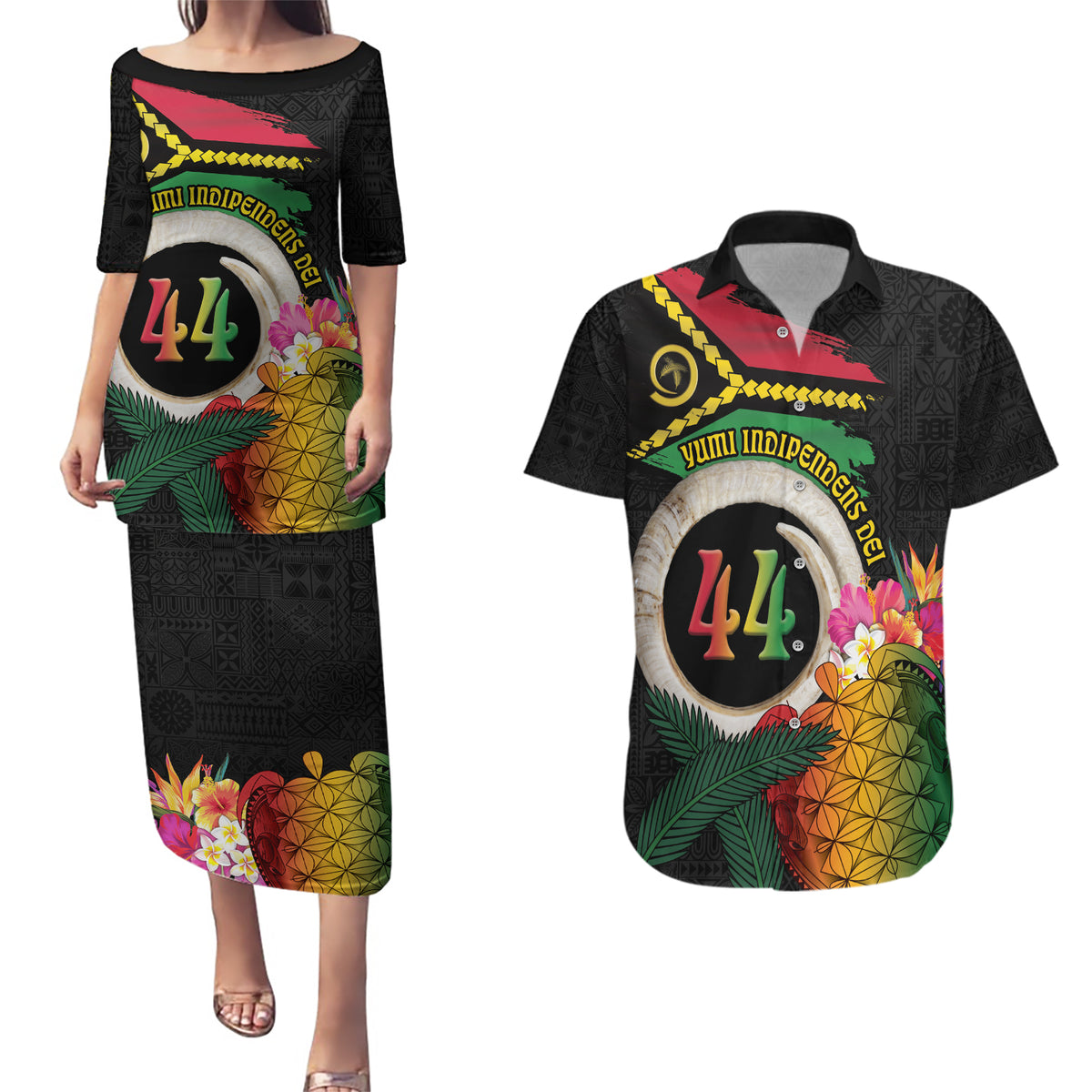Vanuatu Selebretem 44th Indipendens Dei Couples Matching Puletasi and Hawaiian Shirt Sand Drawing Turtle Melanesian Vibes LT03 Black - Polynesian Pride