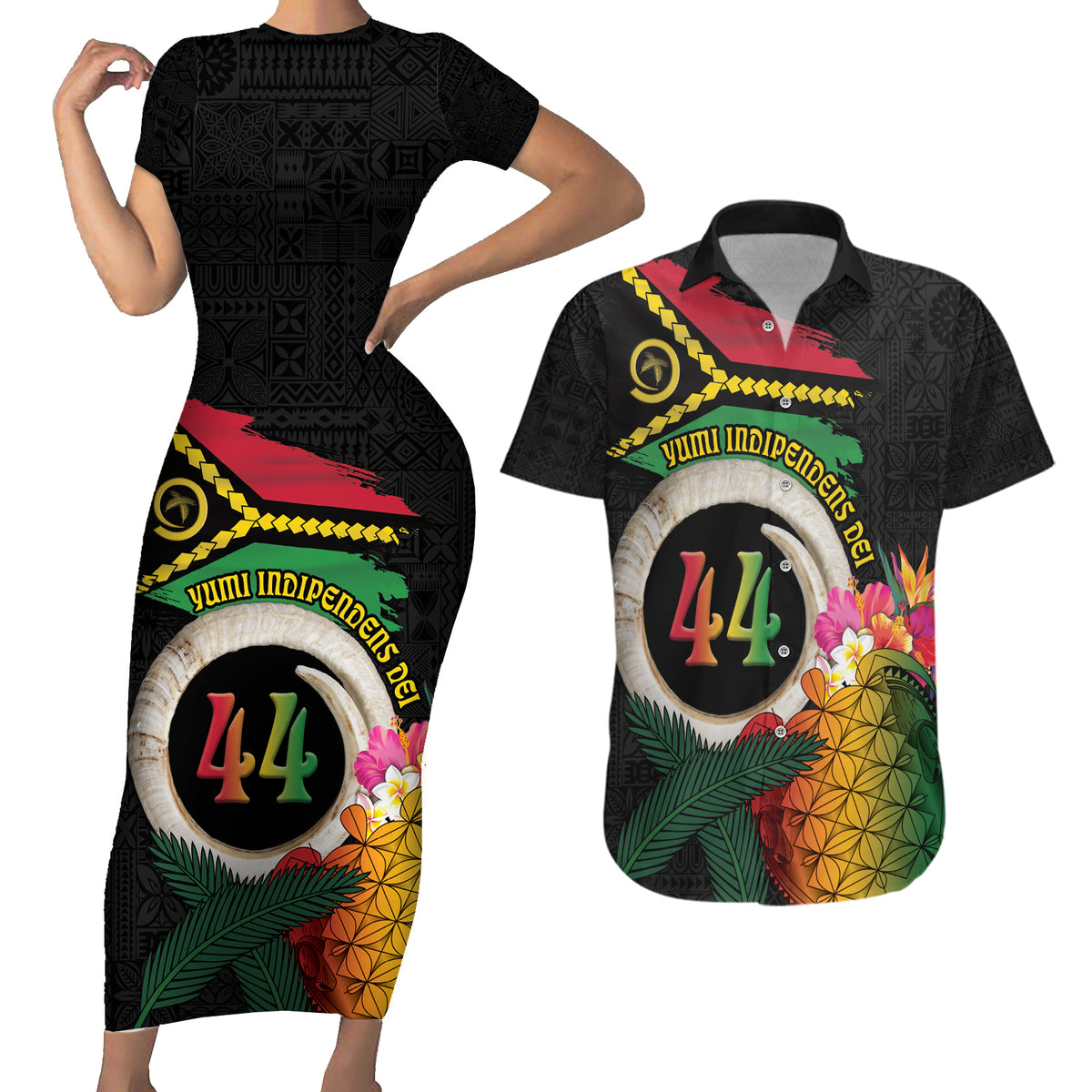 Vanuatu Selebretem 44th Indipendens Dei Couples Matching Short Sleeve Bodycon Dress and Hawaiian Shirt Sand Drawing Turtle Melanesian Vibes LT03 Black - Polynesian Pride