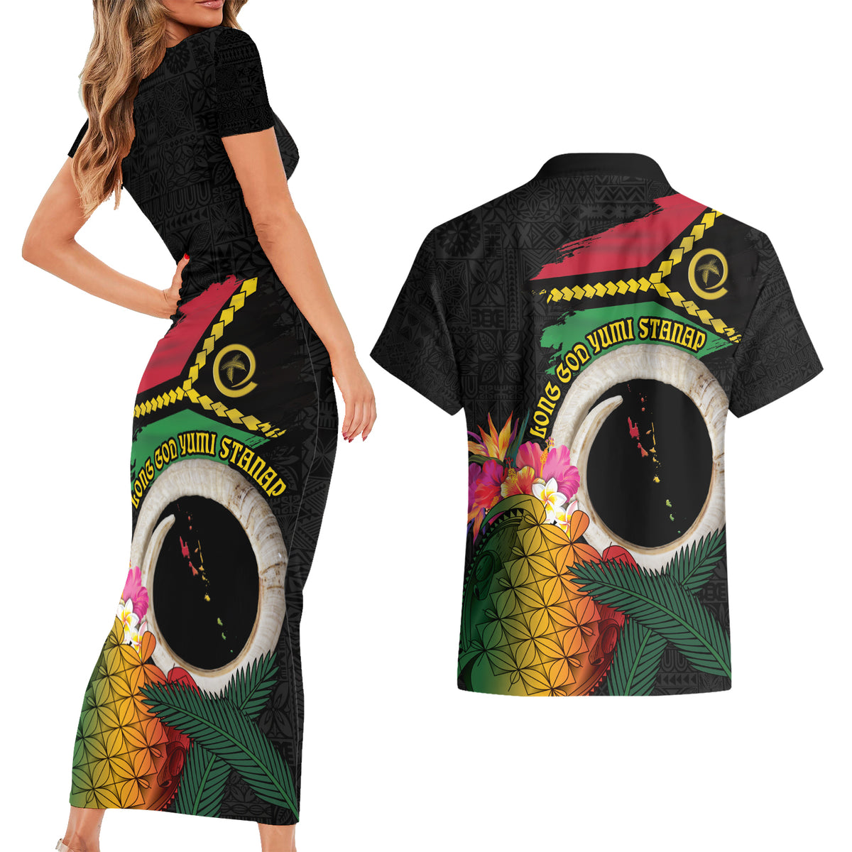 Vanuatu Selebretem 44th Indipendens Dei Couples Matching Short Sleeve Bodycon Dress and Hawaiian Shirt Sand Drawing Turtle Melanesian Vibes LT03 - Polynesian Pride
