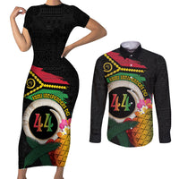 Vanuatu Selebretem 44th Indipendens Dei Couples Matching Short Sleeve Bodycon Dress and Long Sleeve Button Shirt Sand Drawing Turtle Melanesian Vibes LT03 Black - Polynesian Pride