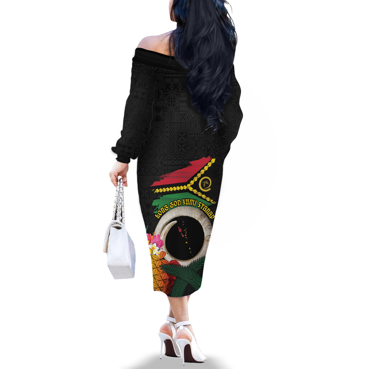 Vanuatu Selebretem 44th Indipendens Dei Family Matching Off The Shoulder Long Sleeve Dress and Hawaiian Shirt Sand Drawing Turtle Melanesian Vibes LT03 - Polynesian Pride