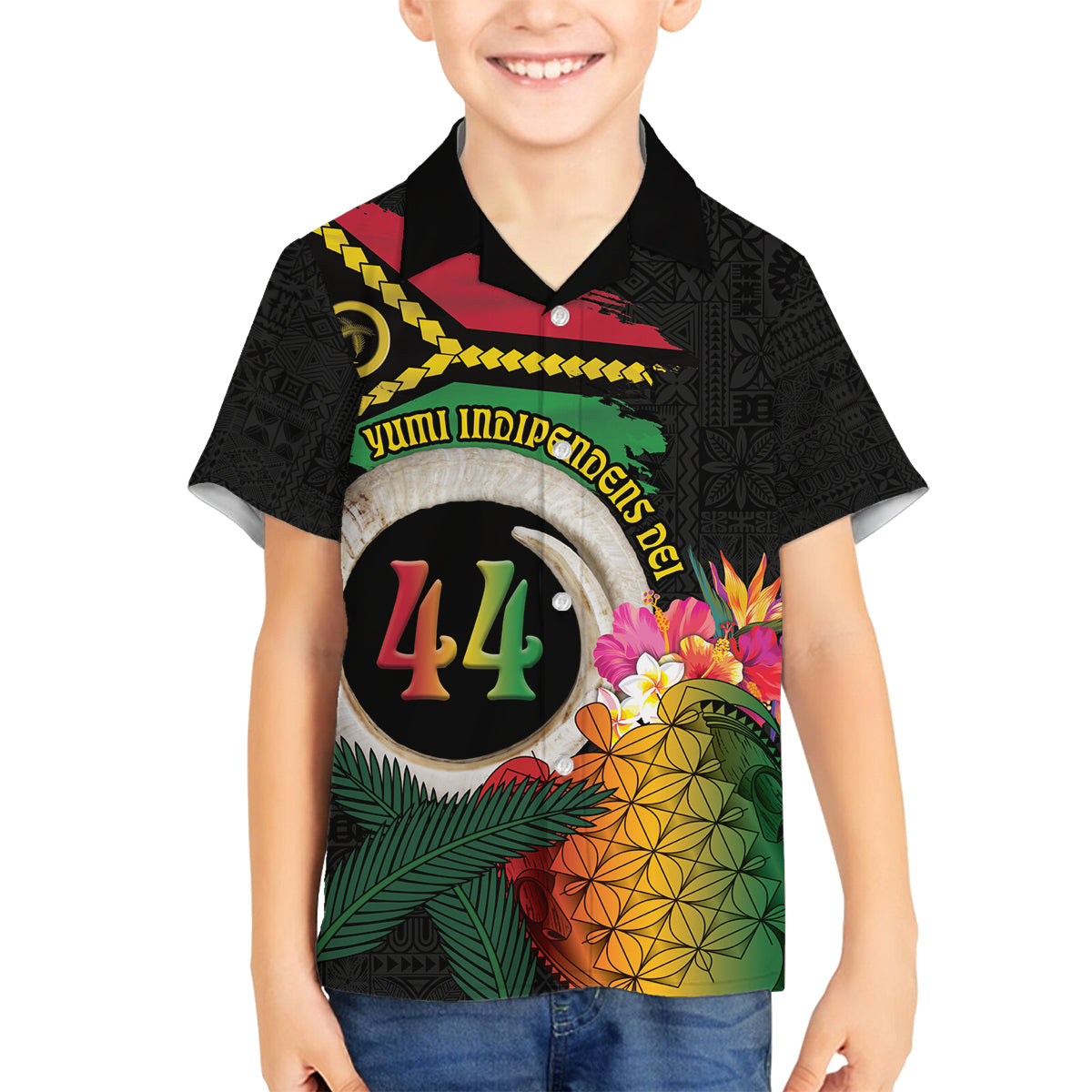 Vanuatu Selebretem 44th Indipendens Dei Family Matching Off The Shoulder Long Sleeve Dress and Hawaiian Shirt Sand Drawing Turtle Melanesian Vibes LT03 Son's Shirt Black - Polynesian Pride