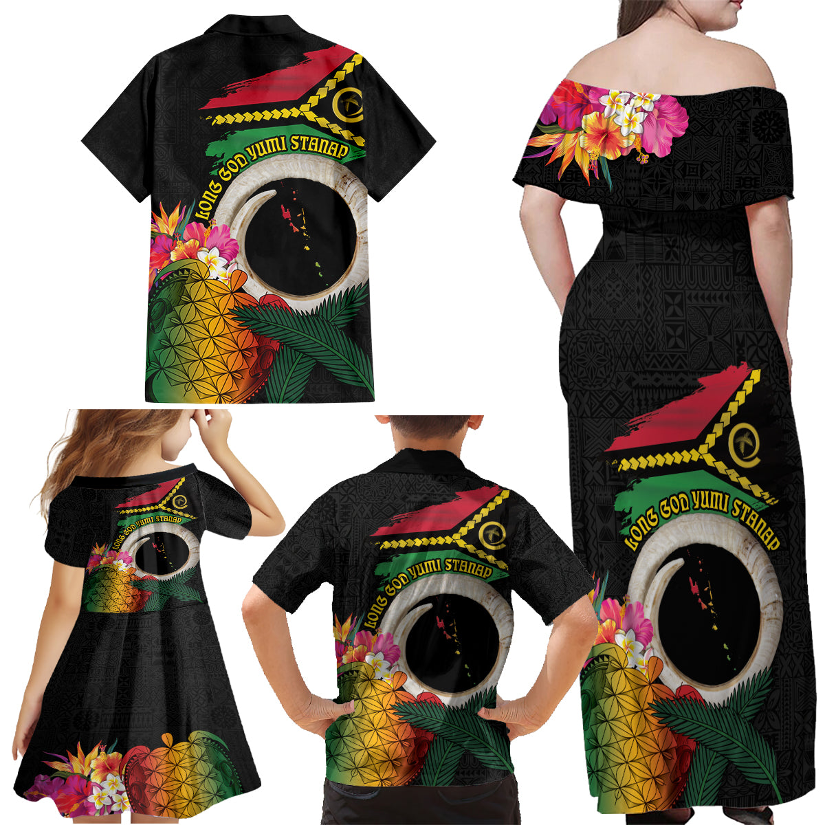 Vanuatu Selebretem 44th Indipendens Dei Family Matching Off Shoulder Maxi Dress and Hawaiian Shirt Sand Drawing Turtle Melanesian Vibes LT03 - Polynesian Pride