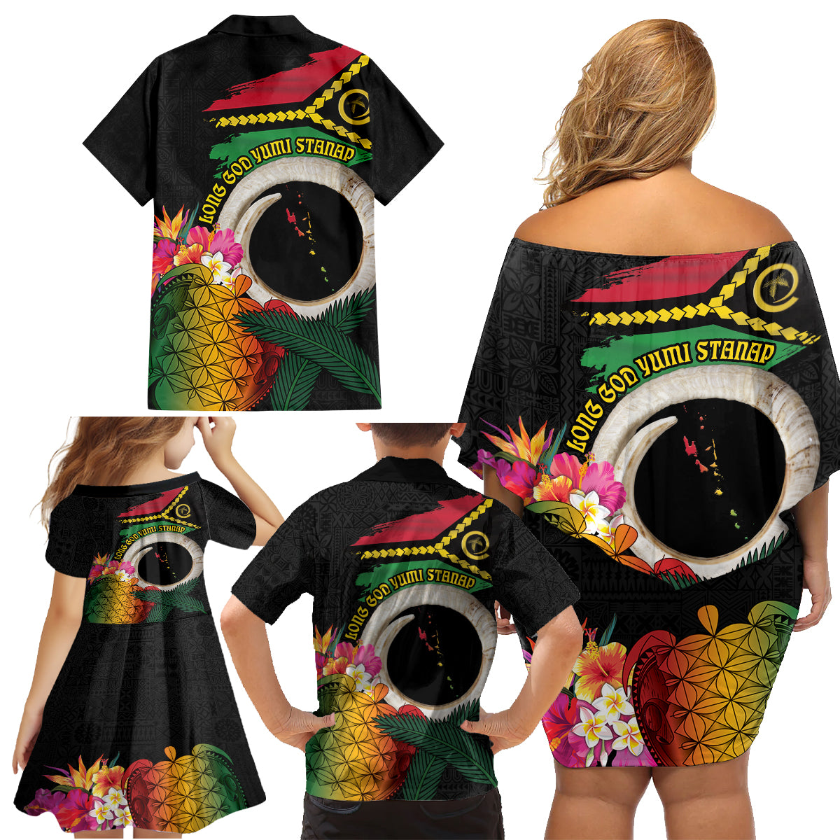 Vanuatu Selebretem 44th Indipendens Dei Family Matching Off Shoulder Short Dress and Hawaiian Shirt Sand Drawing Turtle Melanesian Vibes LT03 - Polynesian Pride