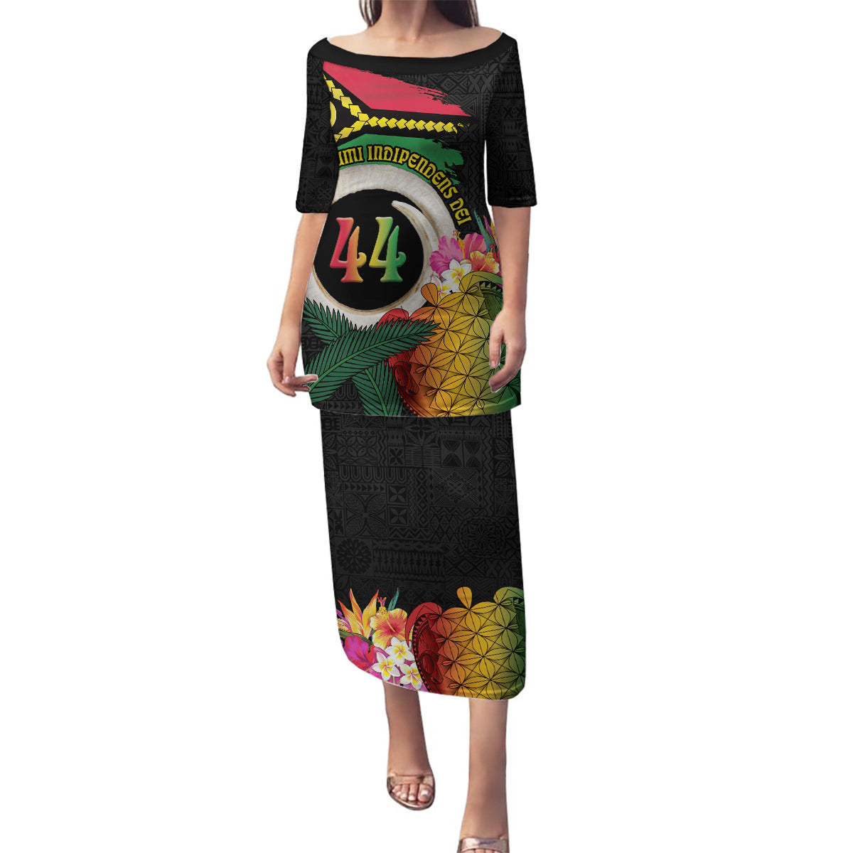 Vanuatu Selebretem 44th Indipendens Dei Family Matching Puletasi and Hawaiian Shirt Sand Drawing Turtle Melanesian Vibes LT03 Mom's Dress Black - Polynesian Pride