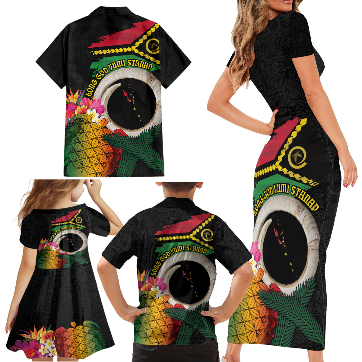Vanuatu Selebretem 44th Indipendens Dei Family Matching Short Sleeve Bodycon Dress and Hawaiian Shirt Sand Drawing Turtle Melanesian Vibes LT03 - Polynesian Pride