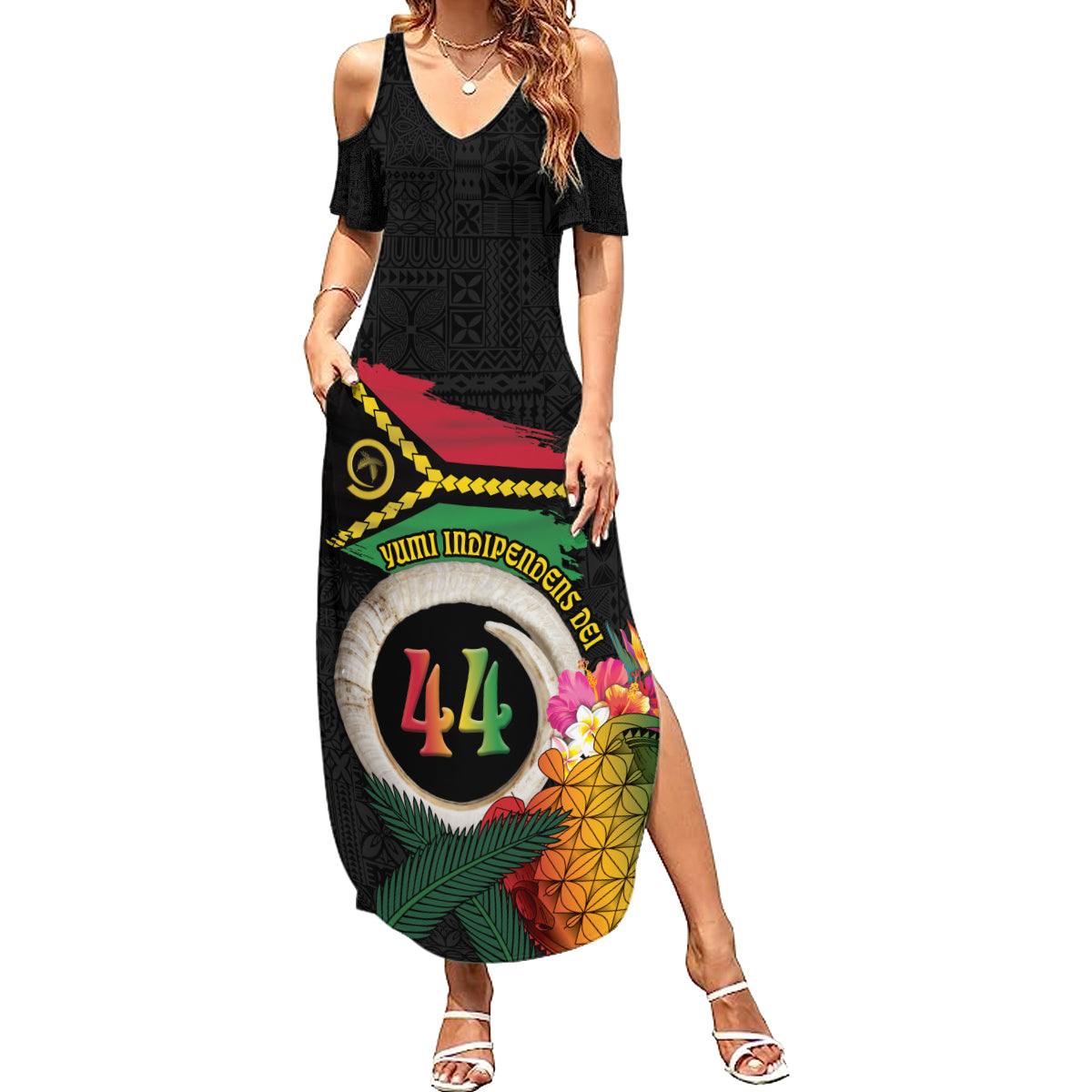 Vanuatu Selebretem 44th Indipendens Dei Family Matching Summer Maxi Dress and Hawaiian Shirt Sand Drawing Turtle Melanesian Vibes LT03 Mom's Dress Black - Polynesian Pride