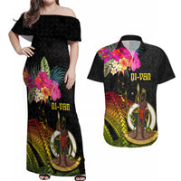 Vanuatu Ni-Van Couples Matching Off Shoulder Maxi Dress and Hawaiian Shirt Coat of Arms Sand Drawing LT03 Black - Polynesian Pride