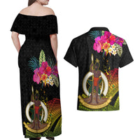 Vanuatu Ni-Van Couples Matching Off Shoulder Maxi Dress and Hawaiian Shirt Coat of Arms Sand Drawing LT03 - Polynesian Pride