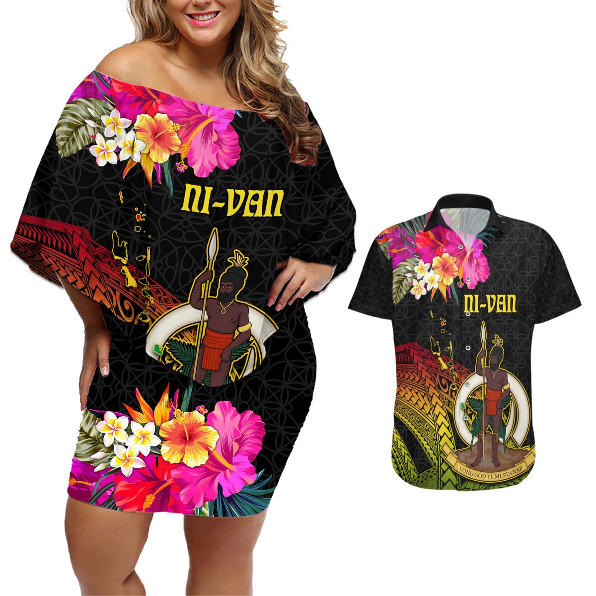 Vanuatu Ni-Van Couples Matching Off Shoulder Short Dress and Hawaiian Shirt Coat of Arms Sand Drawing LT03 Black - Polynesian Pride