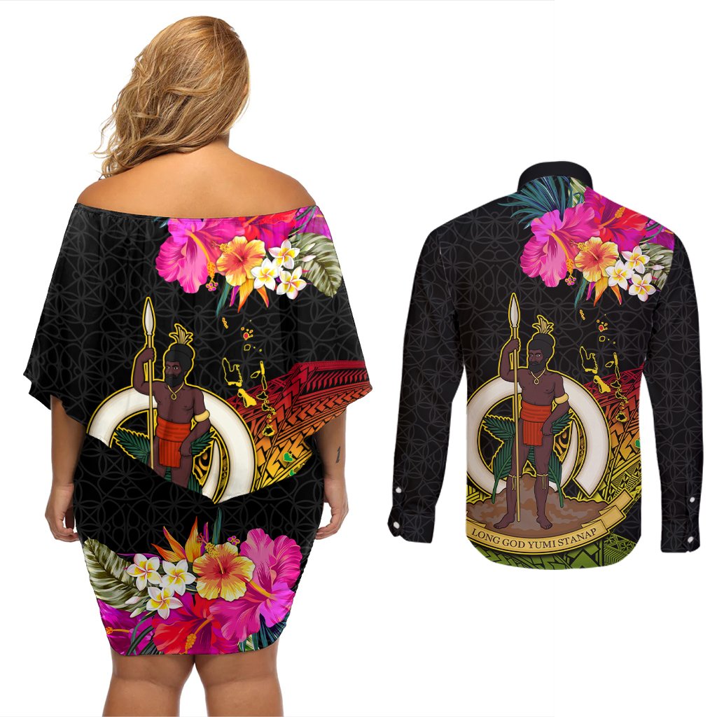 Vanuatu Ni-Van Couples Matching Off Shoulder Short Dress and Long Sleeve Button Shirt Coat of Arms Sand Drawing LT03 - Polynesian Pride