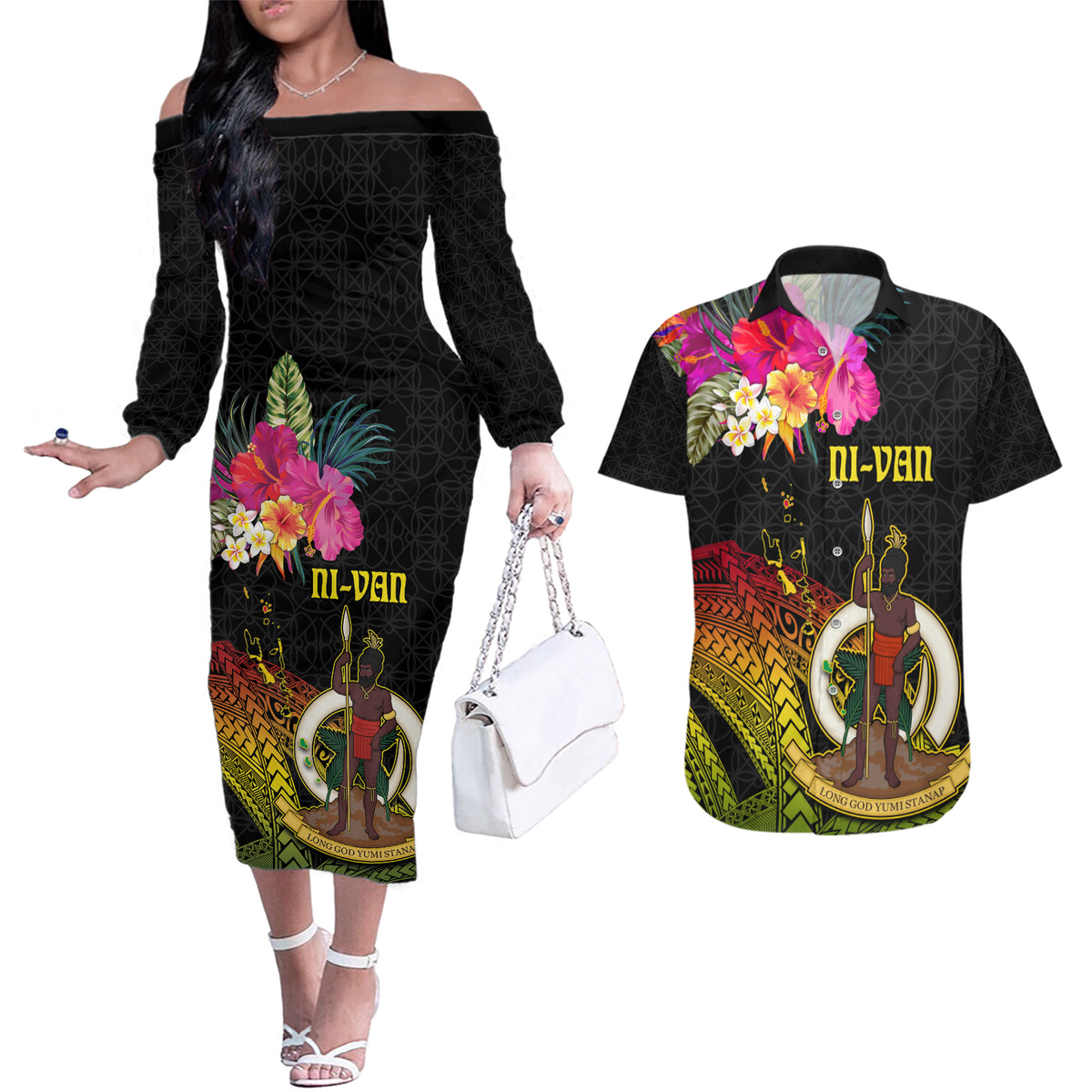 Vanuatu Ni-Van Couples Matching Off The Shoulder Long Sleeve Dress and Hawaiian Shirt Coat of Arms Sand Drawing LT03 Black - Polynesian Pride