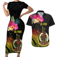 Vanuatu Ni-Van Couples Matching Short Sleeve Bodycon Dress and Hawaiian Shirt Coat of Arms Sand Drawing LT03 Black - Polynesian Pride