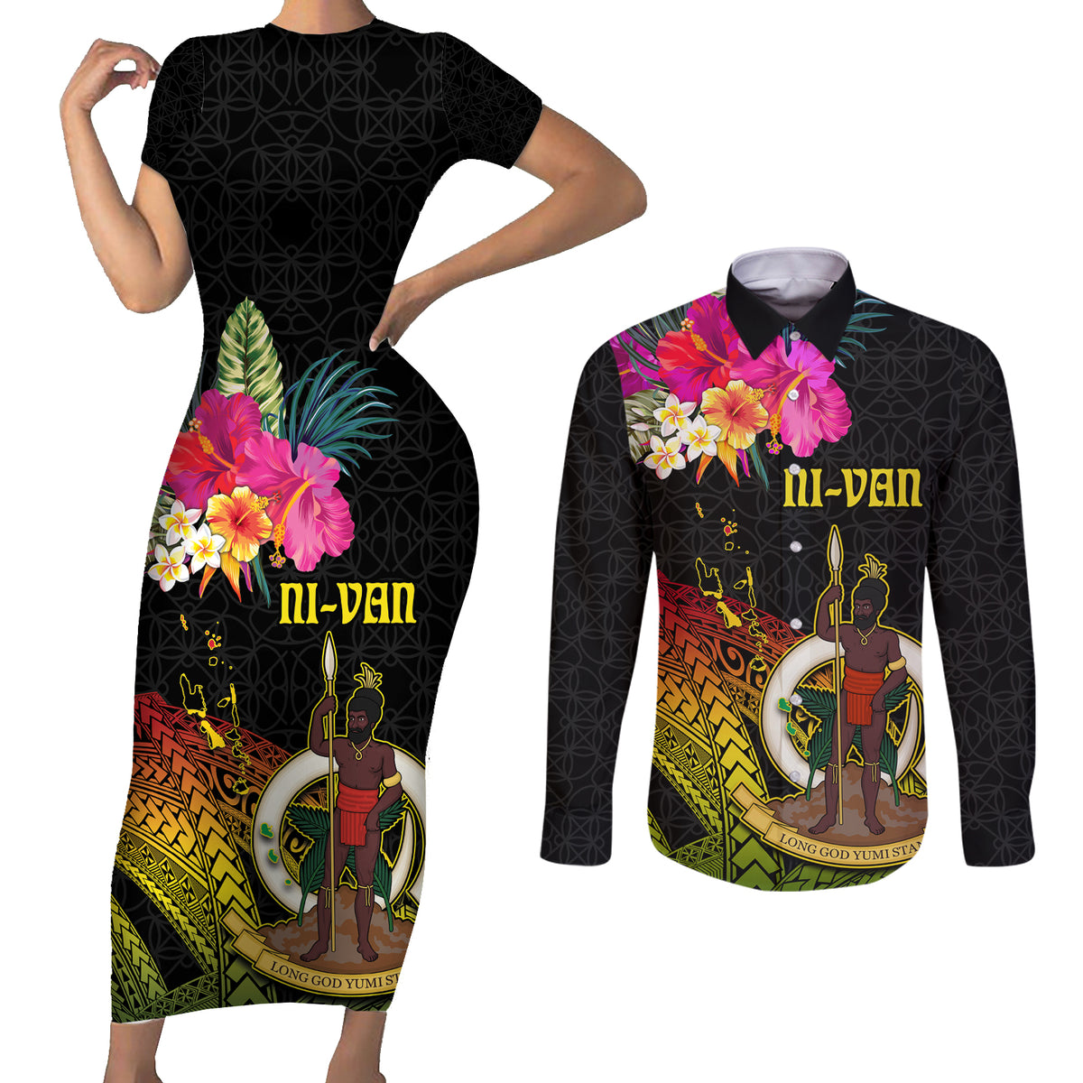 Vanuatu Ni-Van Couples Matching Short Sleeve Bodycon Dress and Long Sleeve Button Shirt Coat of Arms Sand Drawing LT03 Black - Polynesian Pride