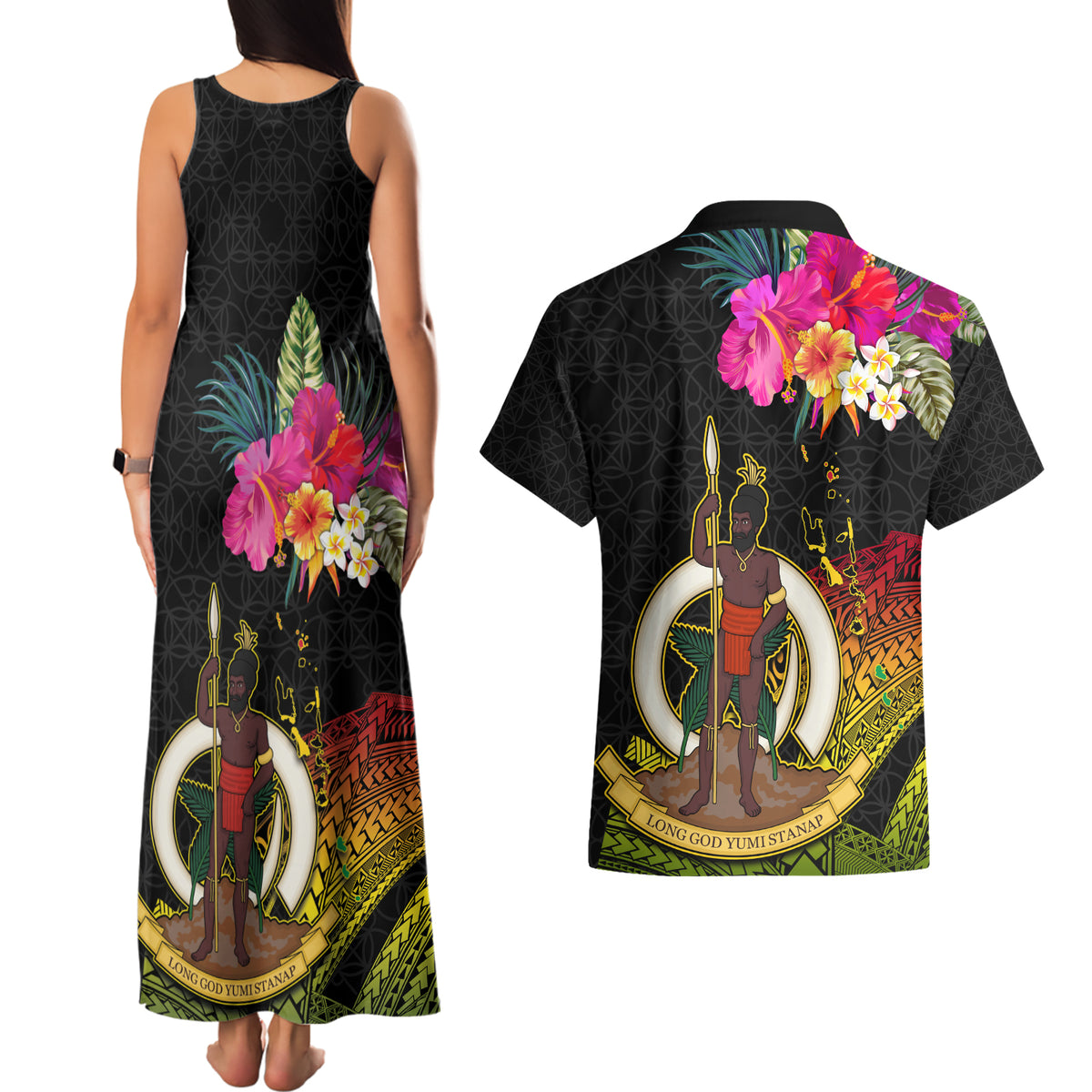 Vanuatu Ni-Van Couples Matching Tank Maxi Dress and Hawaiian Shirt Coat of Arms Sand Drawing LT03 - Polynesian Pride