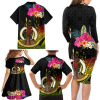 Vanuatu Ni-Van Family Matching Long Sleeve Bodycon Dress and Hawaiian Shirt Coat of Arms Sand Drawing LT03 - Polynesian Pride