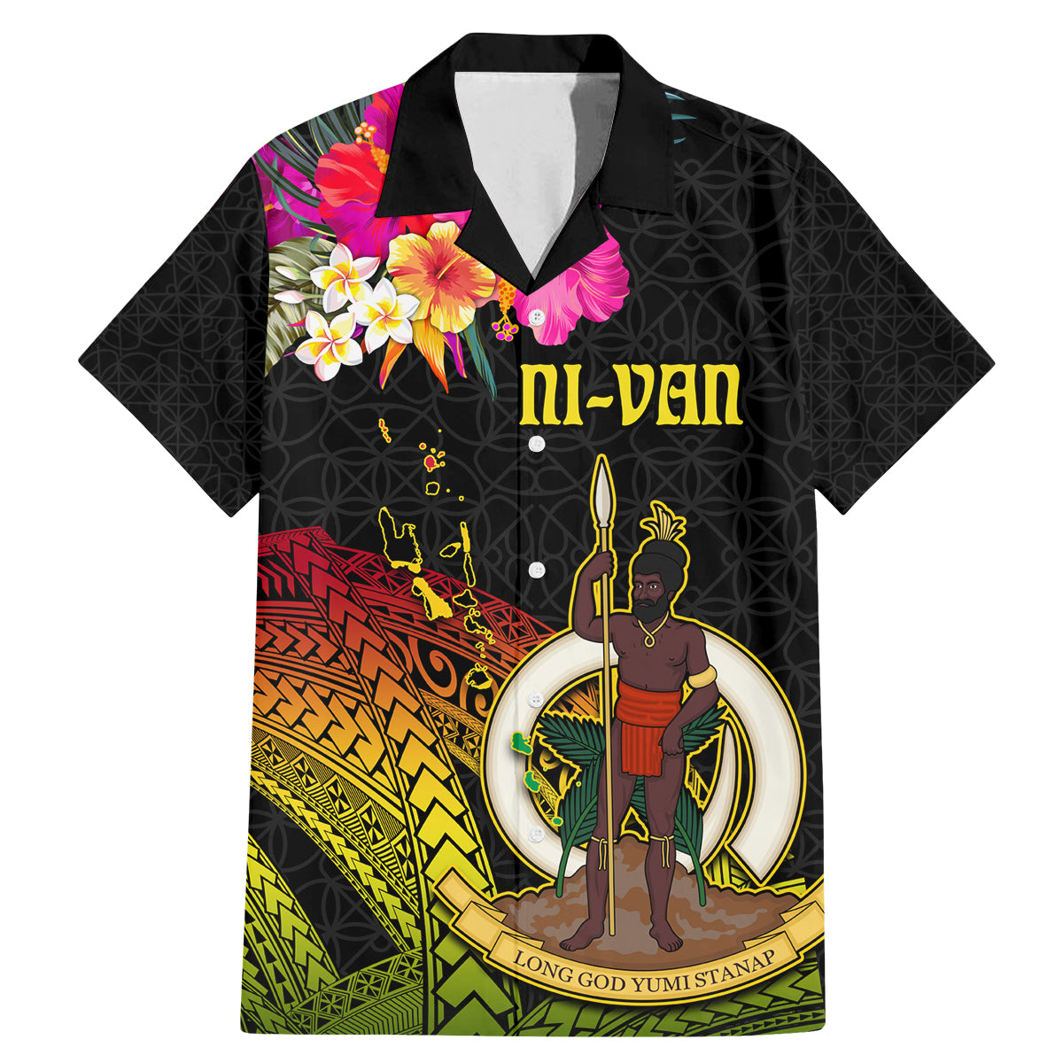 Vanuatu Ni-Van Family Matching Mermaid Dress and Hawaiian Shirt Coat of Arms Sand Drawing LT03 Dad's Shirt - Short Sleeve Black - Polynesian Pride
