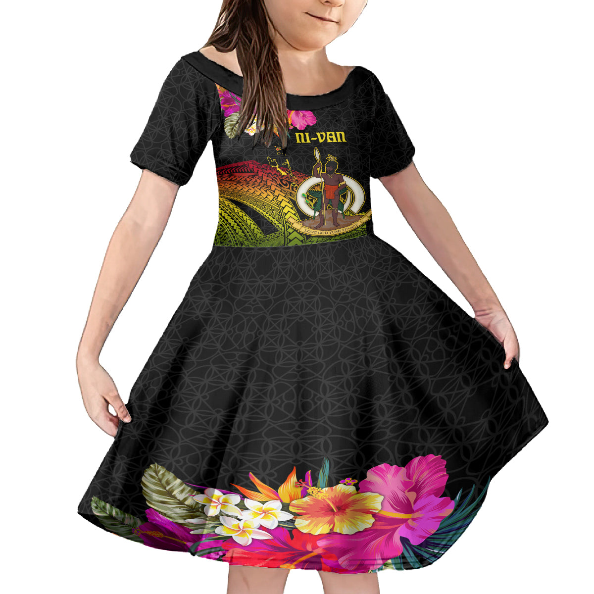 Vanuatu Ni-Van Family Matching Off The Shoulder Long Sleeve Dress and Hawaiian Shirt Coat of Arms Sand Drawing LT03 Daughter's Dress Black - Polynesian Pride