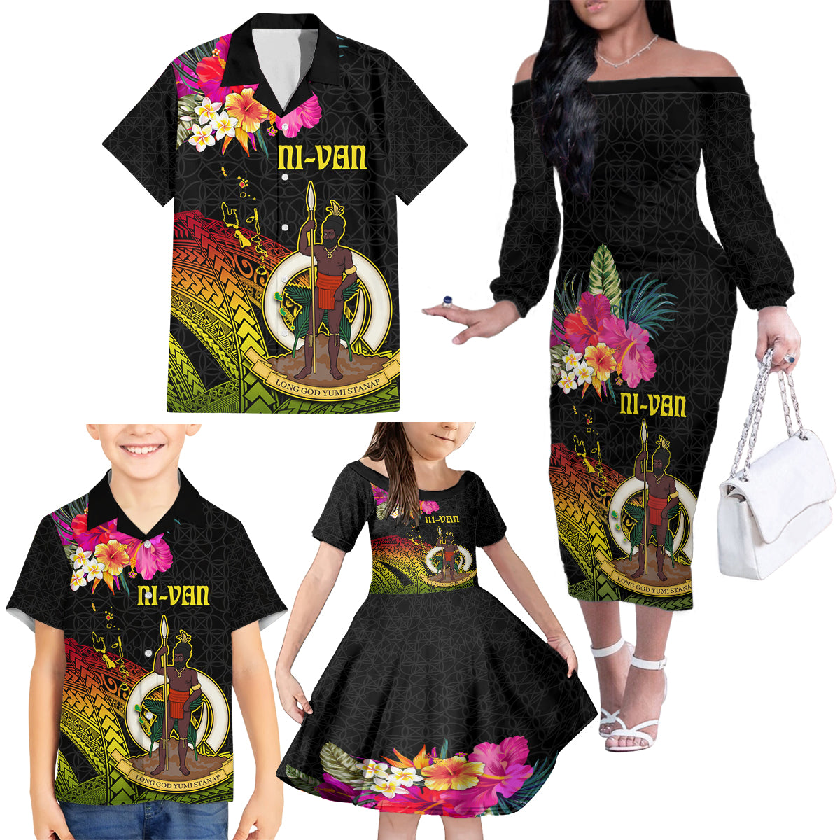 Vanuatu Ni-Van Family Matching Off The Shoulder Long Sleeve Dress and Hawaiian Shirt Coat of Arms Sand Drawing LT03 - Polynesian Pride
