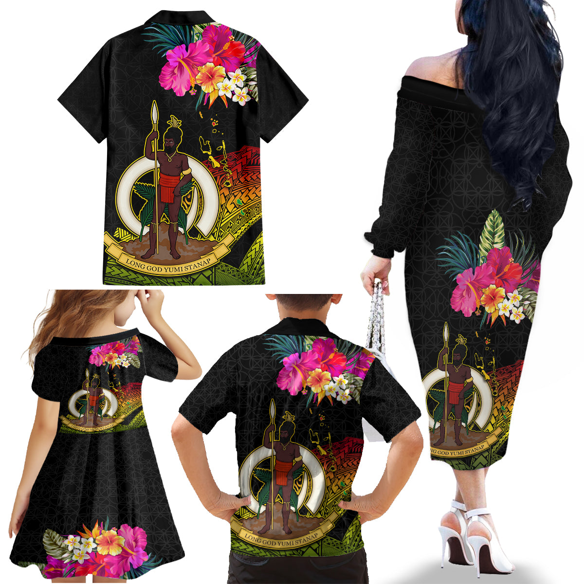 Vanuatu Ni-Van Family Matching Off The Shoulder Long Sleeve Dress and Hawaiian Shirt Coat of Arms Sand Drawing LT03 - Polynesian Pride