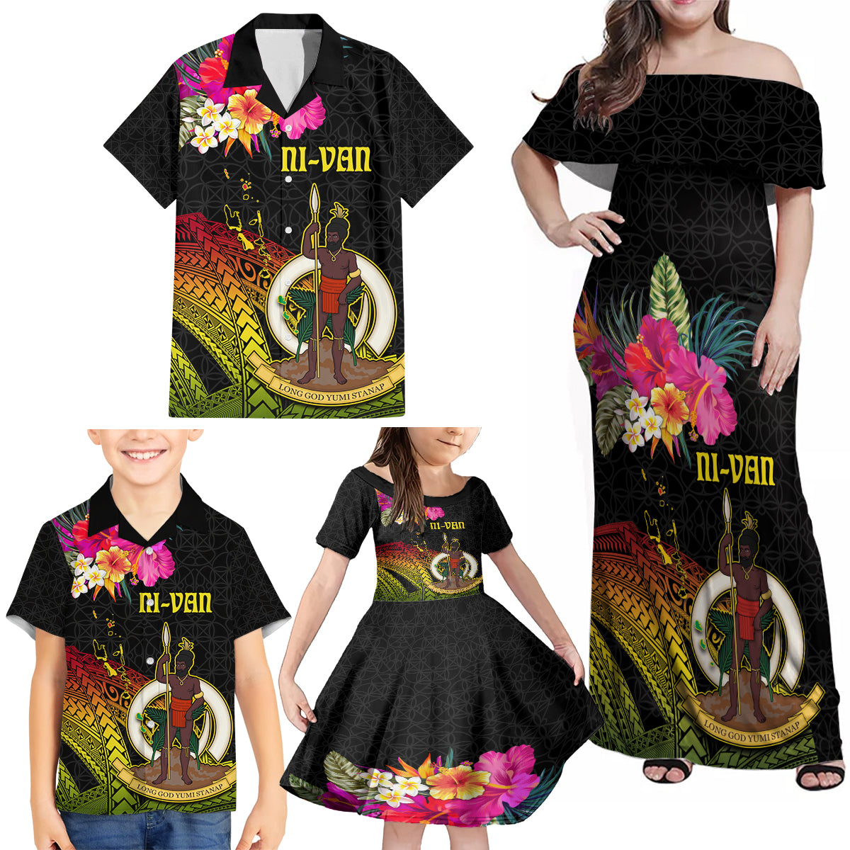 Vanuatu Ni-Van Family Matching Off Shoulder Maxi Dress and Hawaiian Shirt Coat of Arms Sand Drawing LT03 - Polynesian Pride
