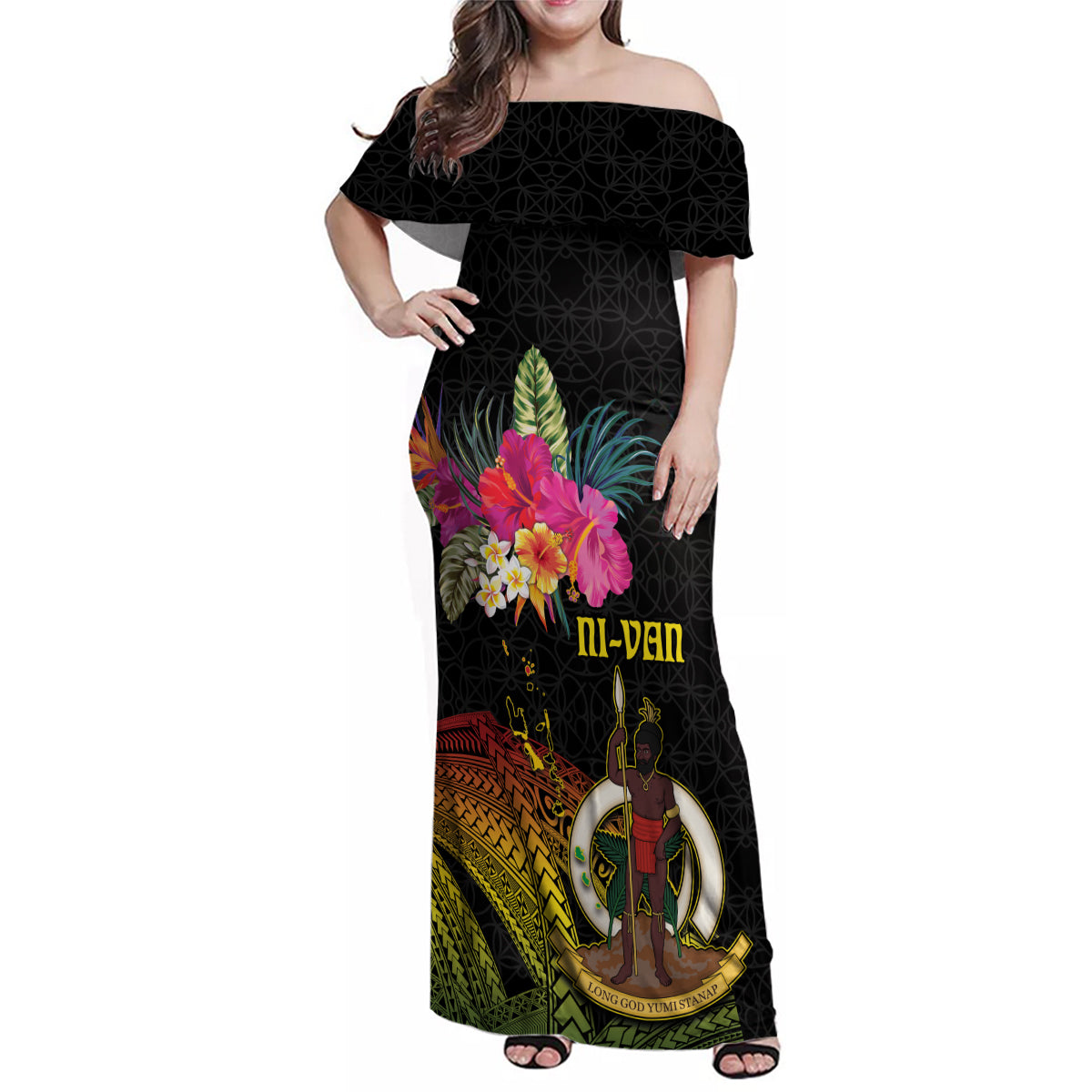 Vanuatu Ni-Van Family Matching Off Shoulder Maxi Dress and Hawaiian Shirt Coat of Arms Sand Drawing LT03 Mom's Dress Black - Polynesian Pride