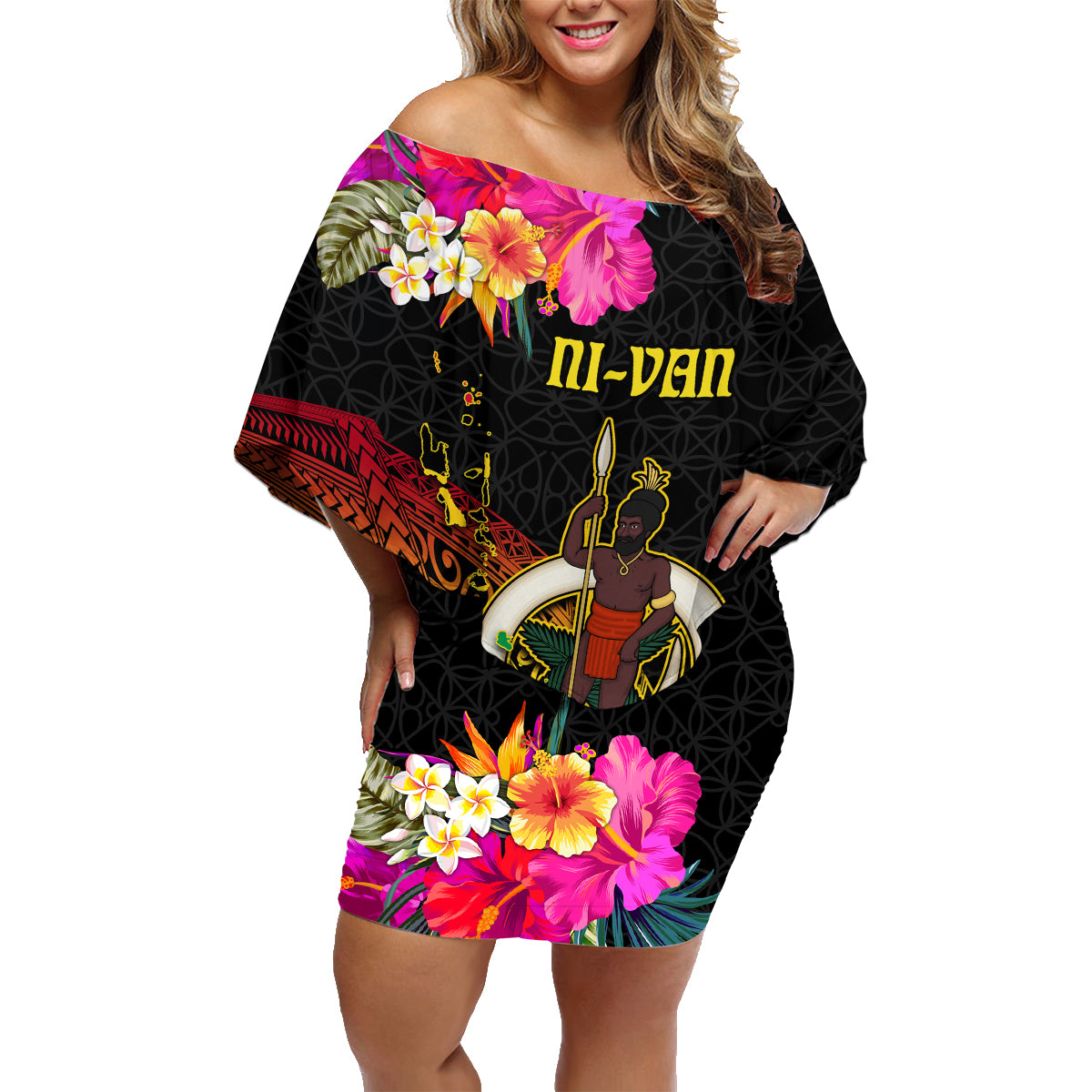 Vanuatu Ni-Van Family Matching Off Shoulder Short Dress and Hawaiian Shirt Coat of Arms Sand Drawing LT03 Mom's Dress Black - Polynesian Pride